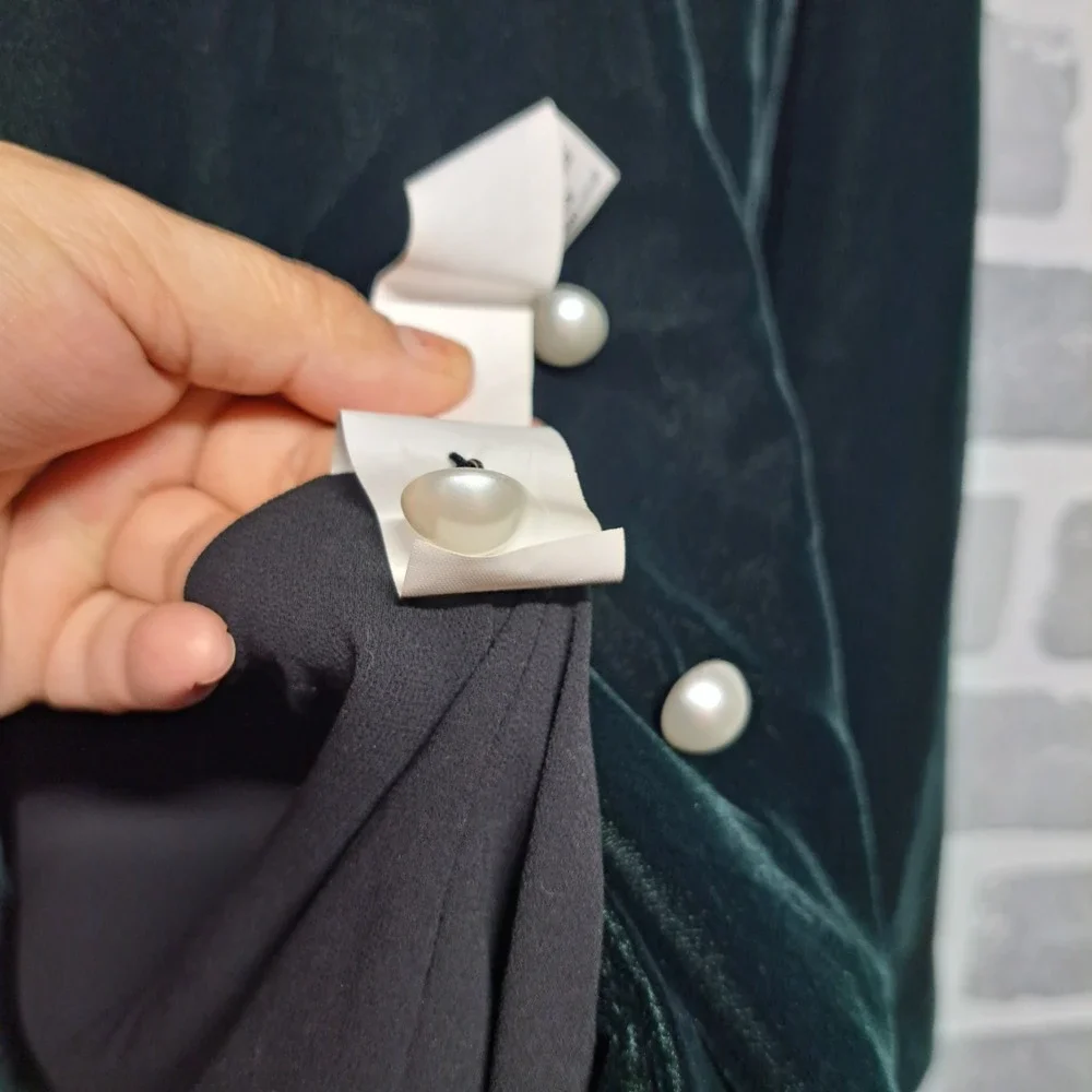 ZARA Blazer Jacket Women Medium Deep Green Velvet Double Breasted Pearl‎ Buttons